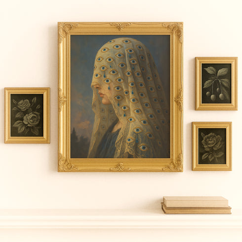 Fine art print of a woman in profile wearing a lace veil embroidered with multiple all-seeing eyes and blue teardrop details. The giclée reproduction features a romantic, gothic painting style with symbolic motifs, perfect for dark academia interiors, witchy decor, and spiritual spaces. Printed on soft textured archival paper in multiple sizes.